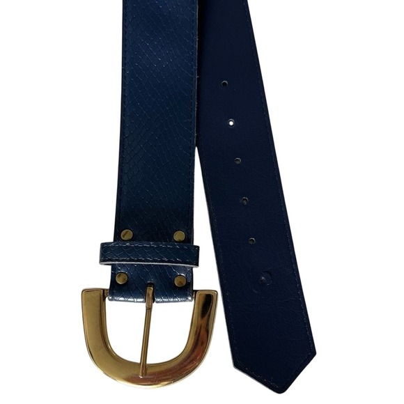 Women's Navy Blue Vegan Leather Belt Gold Tone Buckle 37" - Picture 2 of 2
